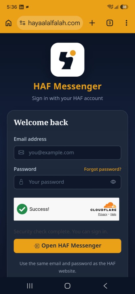 HAF Messenger sign-in in Chrome on Android