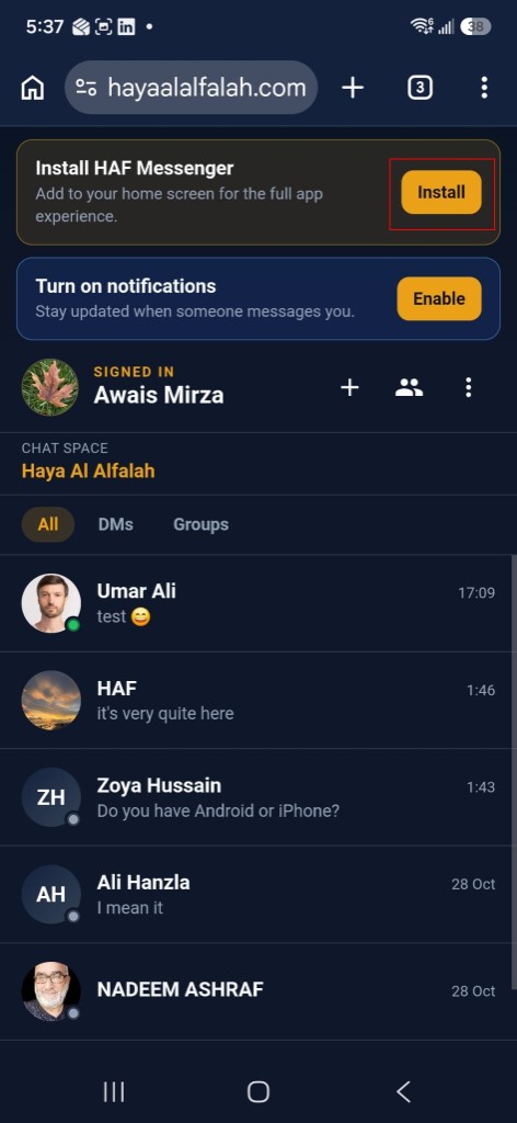 Install HAF Messenger banner with Install button