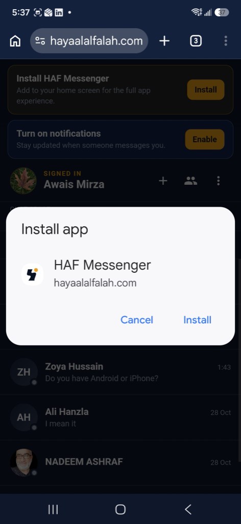 Chrome Install app dialog for HAF Messenger