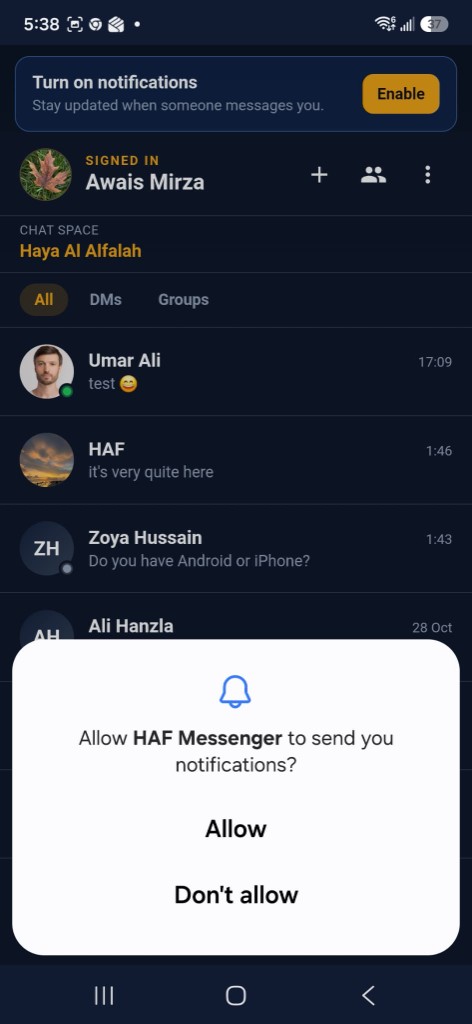 Allow HAF Messenger notifications prompt
