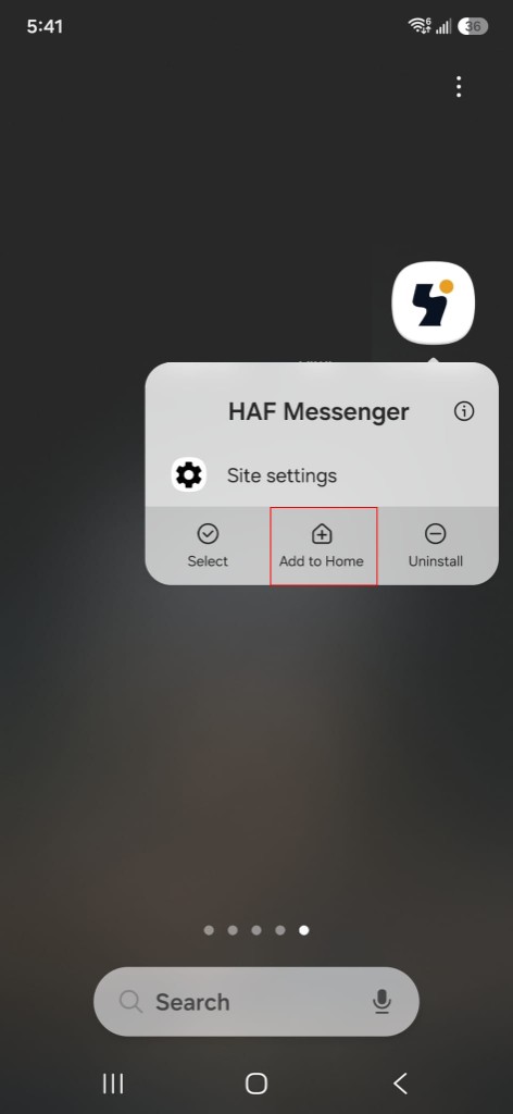 Android menu with Add to Home highlighted