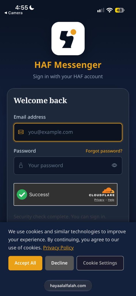HAF Messenger sign-in screen on iPhone