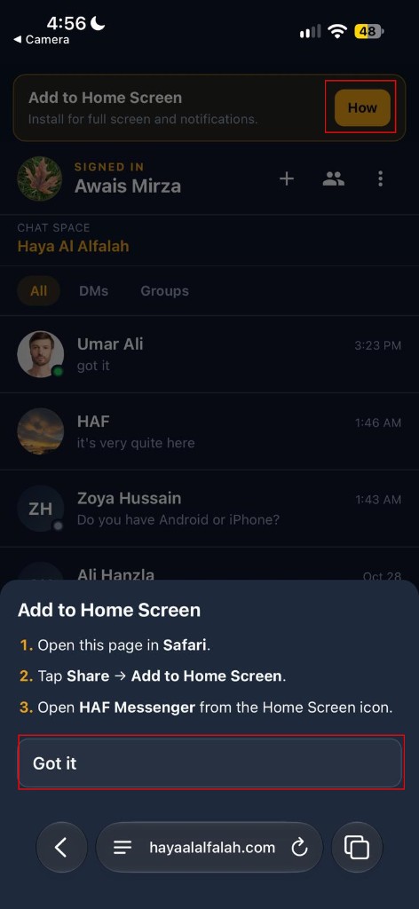 In-app How guide: Safari, Share, Add to Home Screen
