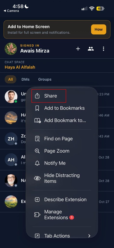 Safari page menu with Share highlighted