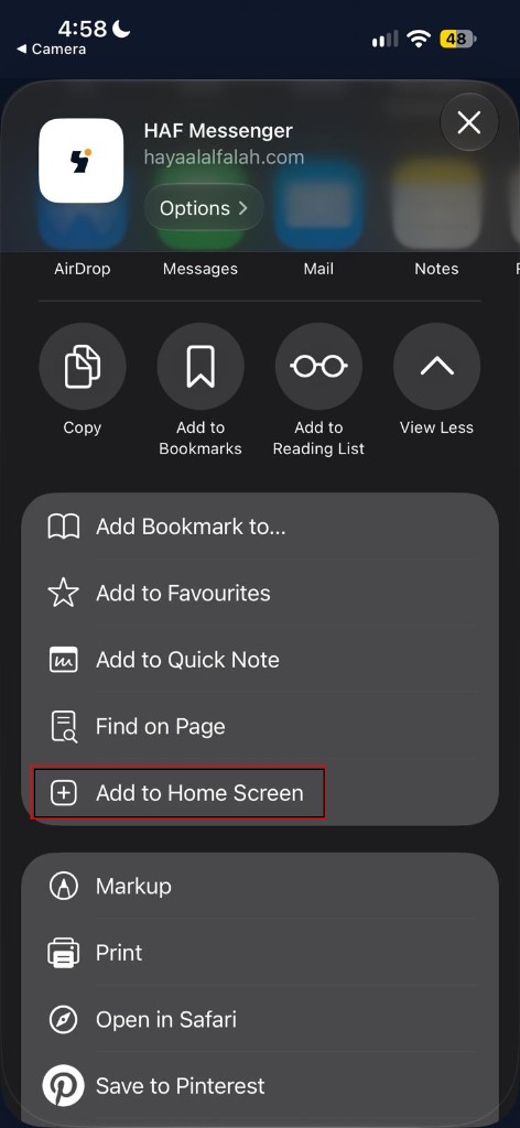 iOS Share sheet with Add to Home Screen highlighted
