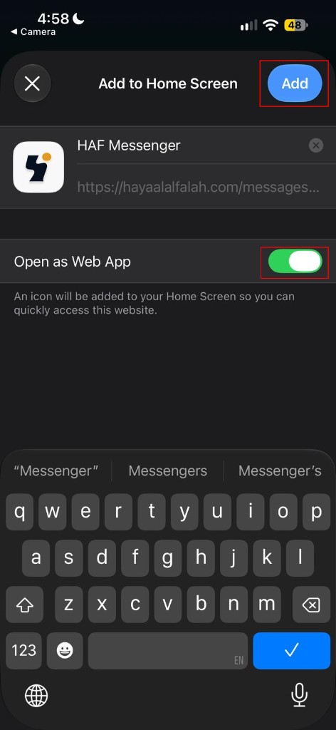Add to Home Screen confirm with Open as Web App On and Add