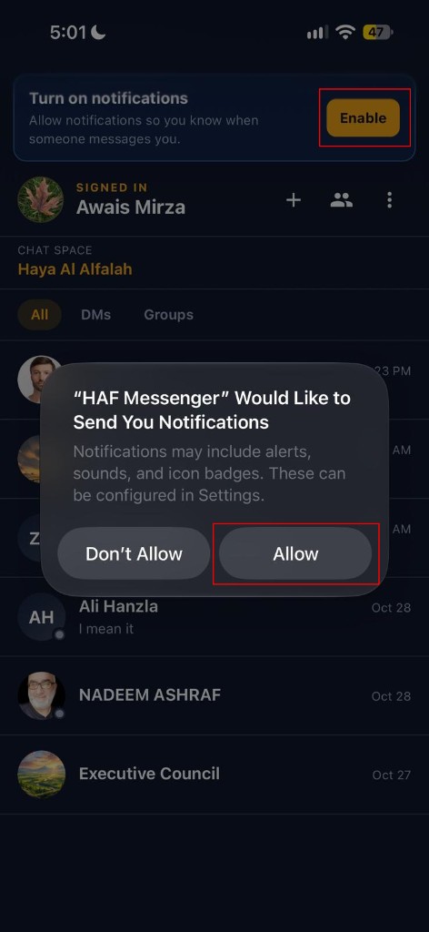 Enable notifications banner and Allow on the system prompt